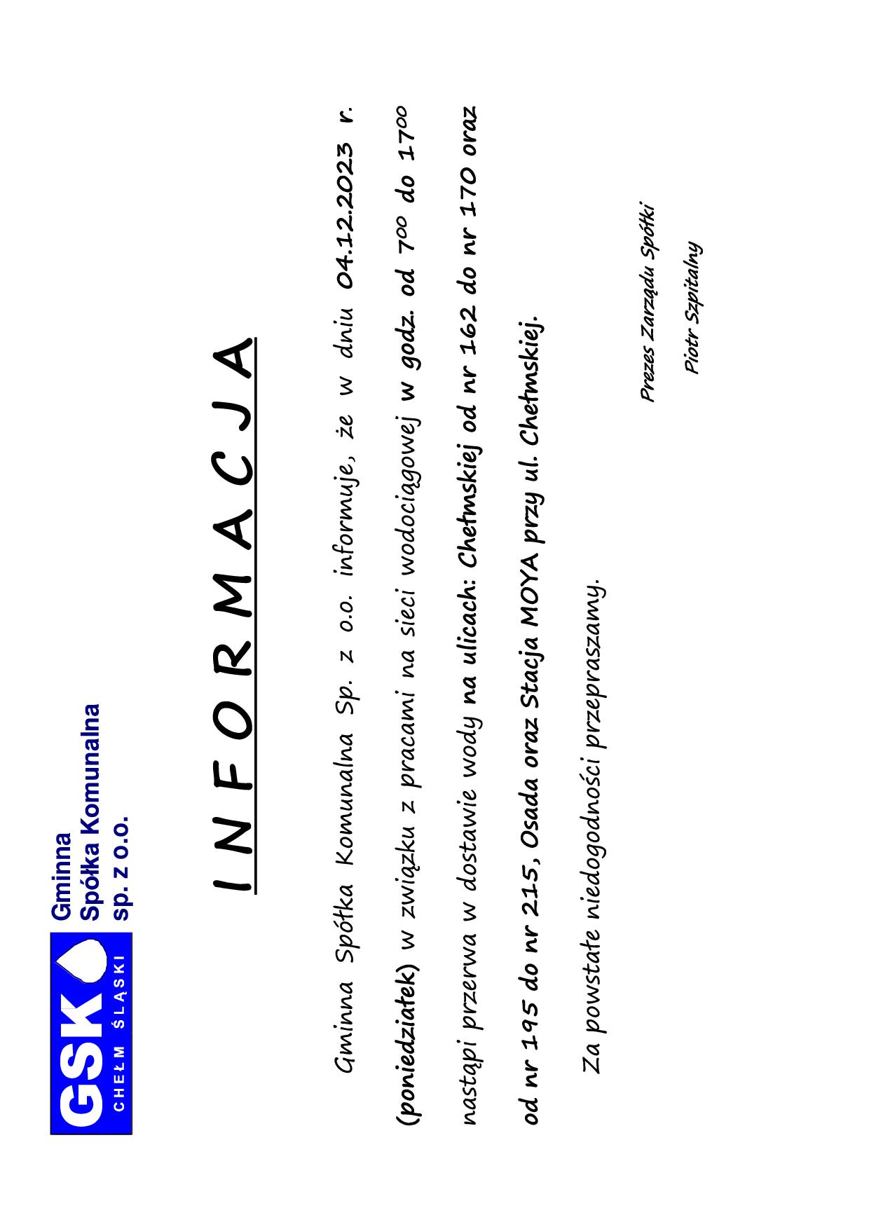 Informacja -brak wody 04.12.2023