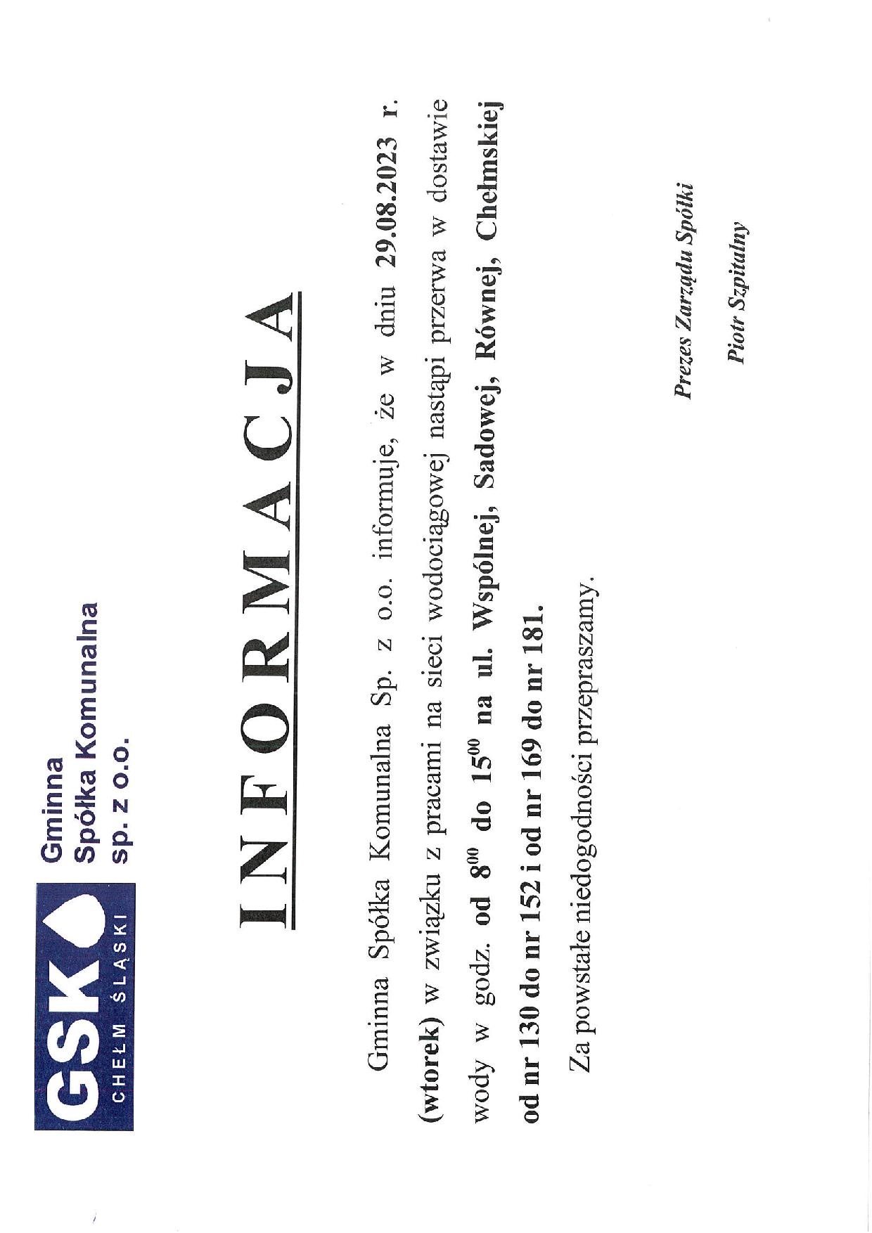 informacja o braku wody