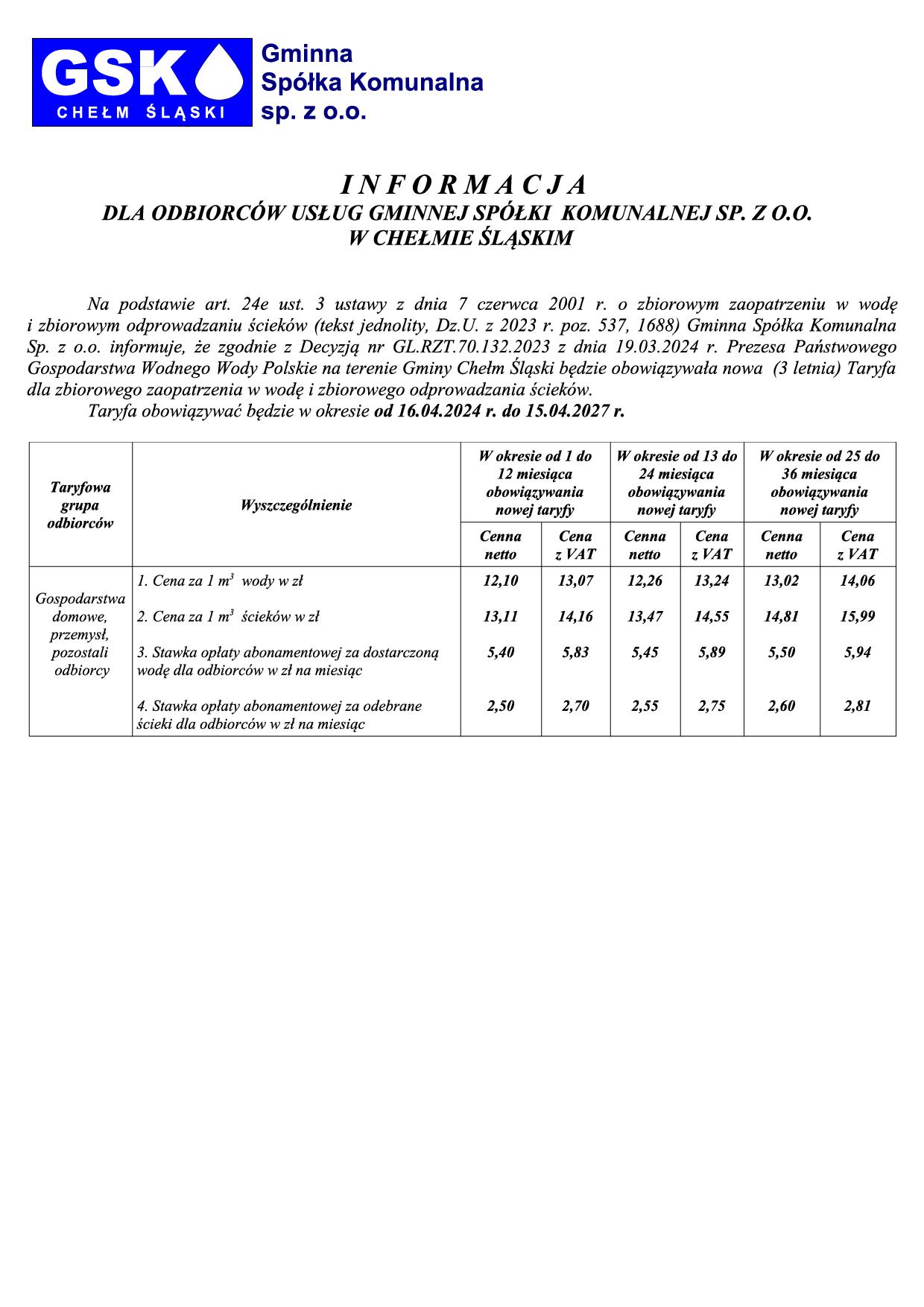 I N F O R M A C J A - zmiana taryfy info 2024