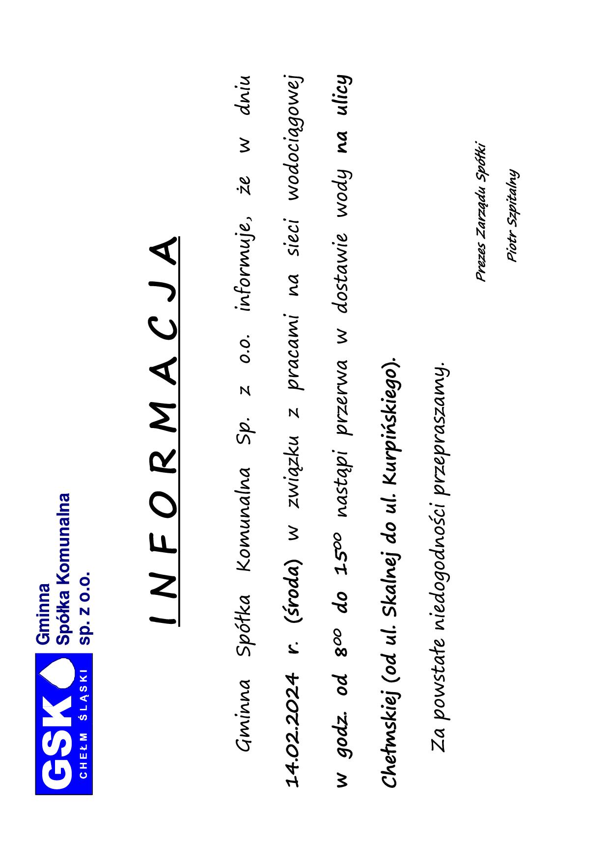 Informacja - info brak wody 14.02.2024