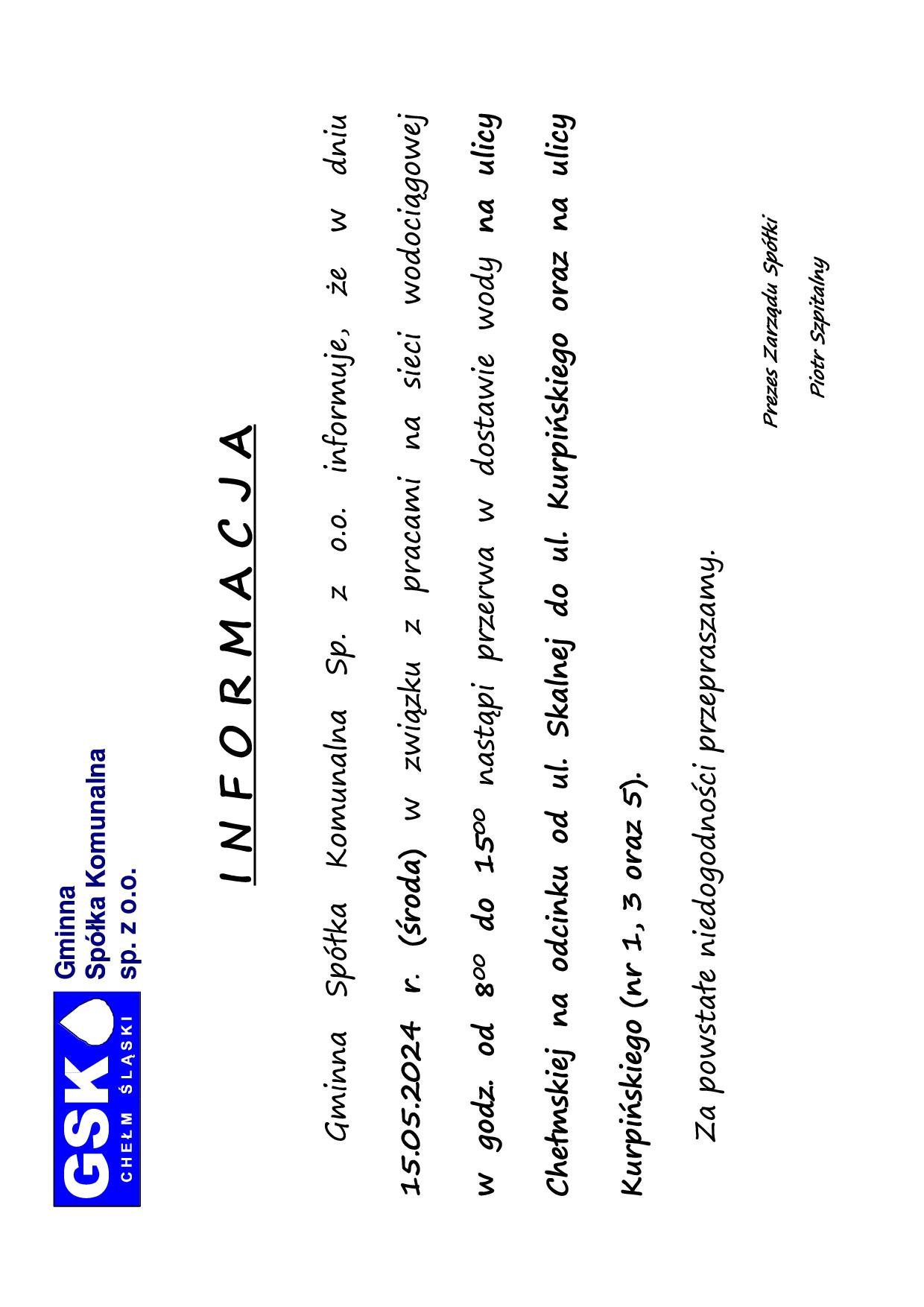 Informacja - info brak wody 15.05.2024
