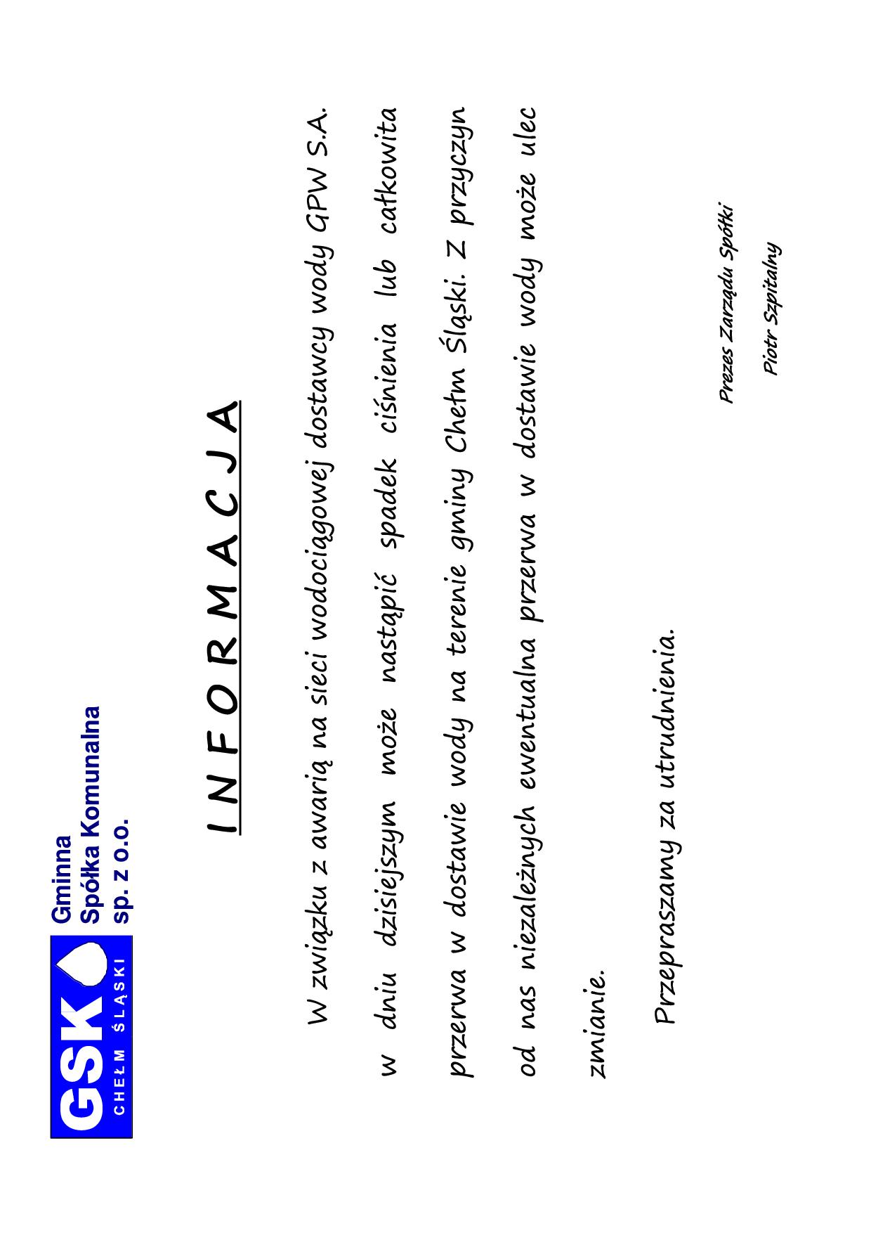 Informacja - info brak wodyy 03.09.2024