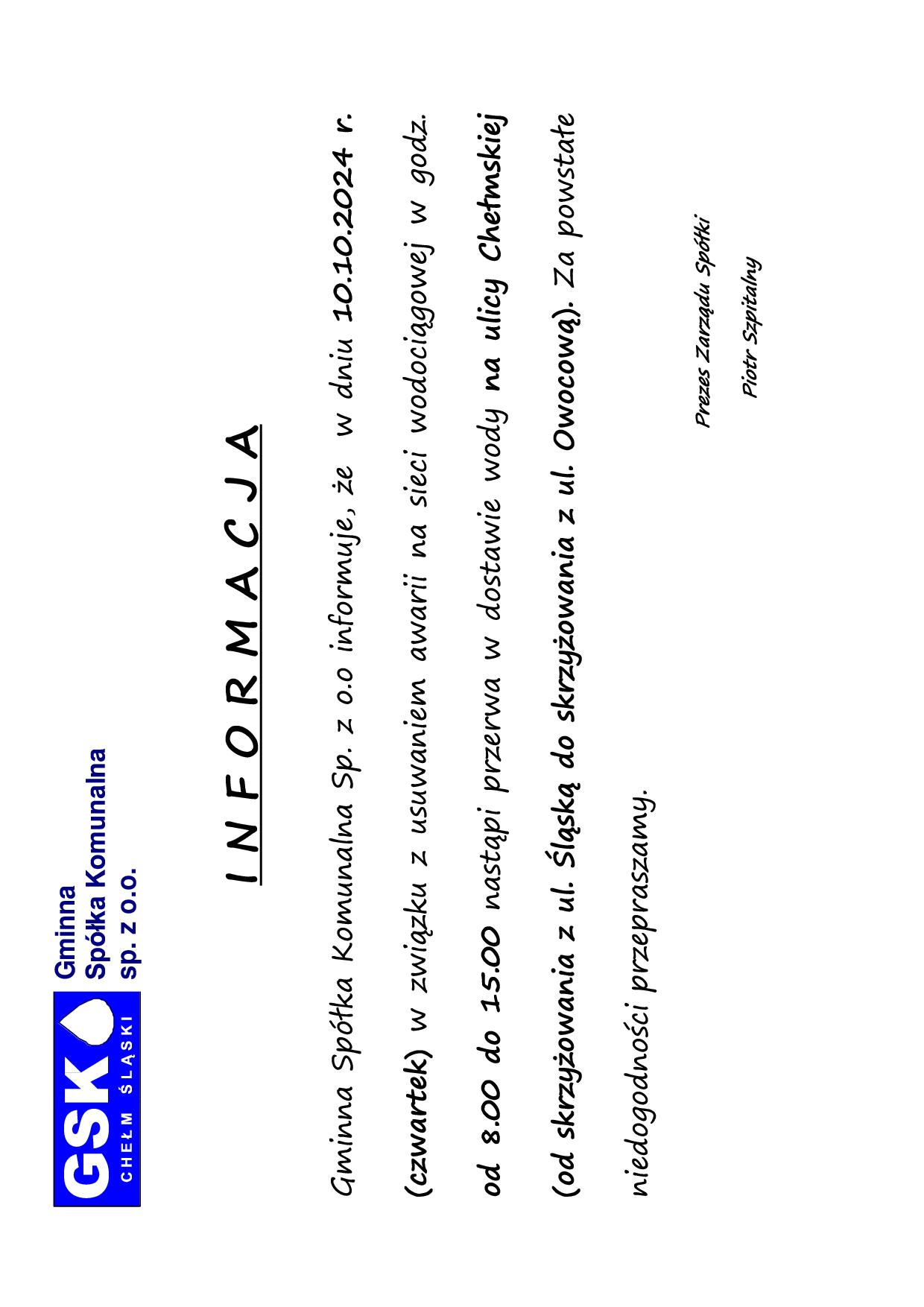 Informacja - info brak wodyy 10.10.2024