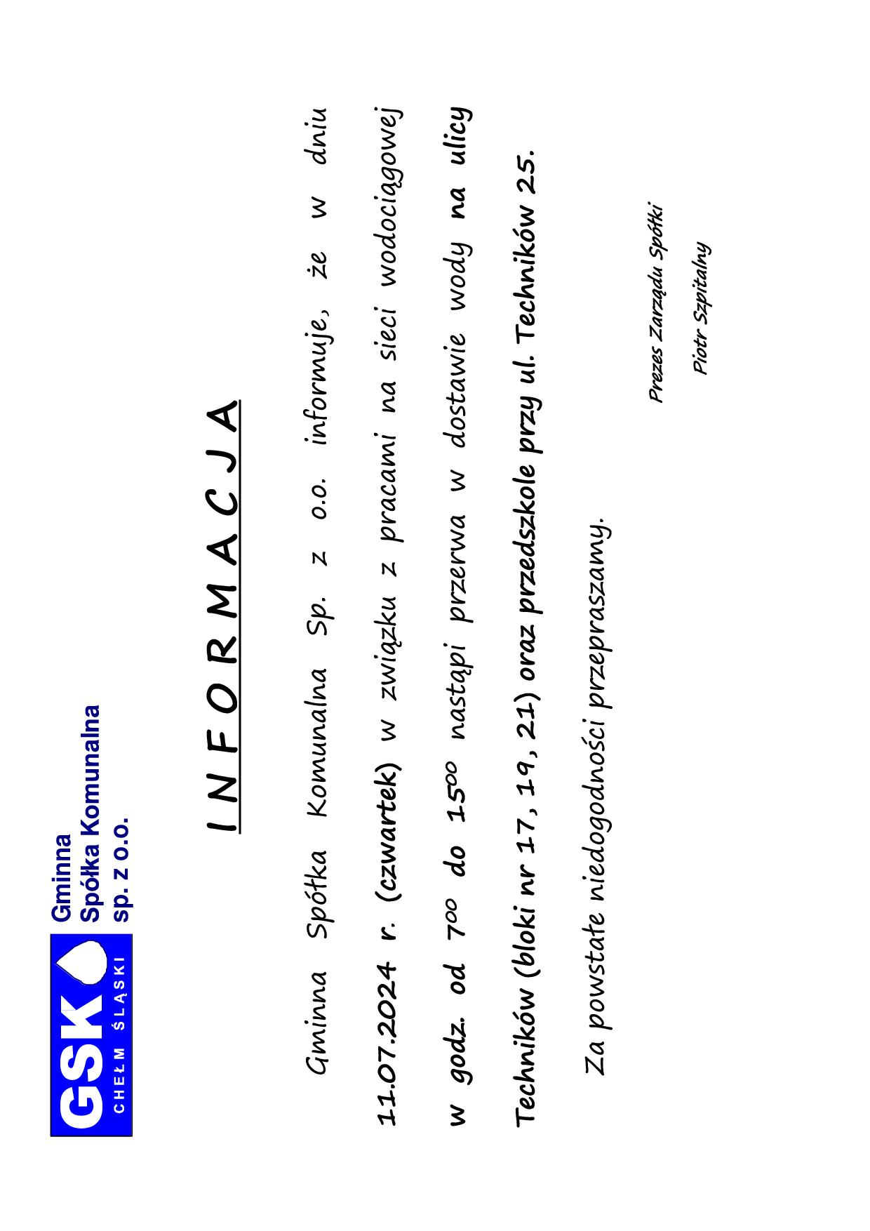 Informacja - info brak wodyy 11.07.2024