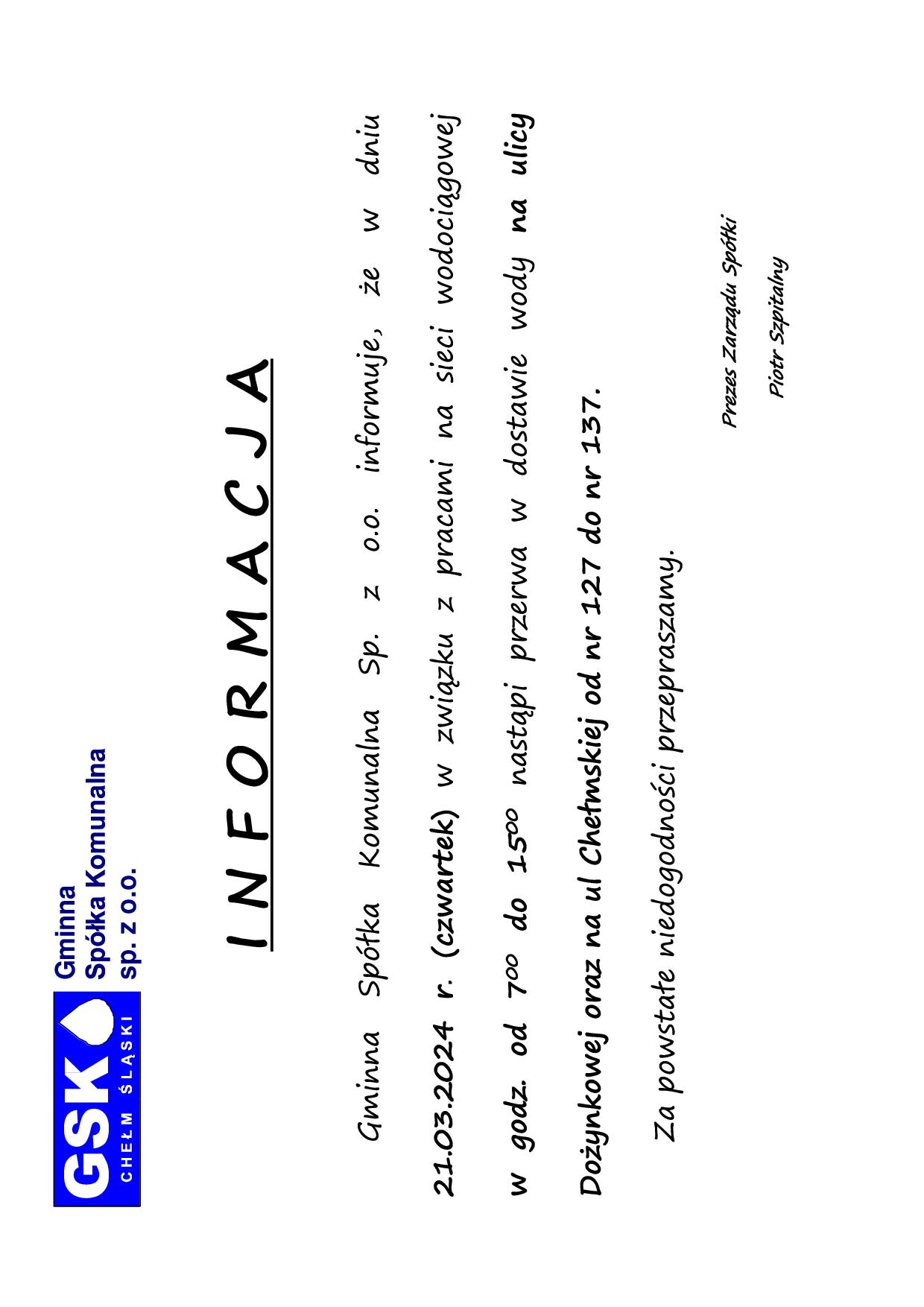 Informacja - info brak wodyy 21.03.2024