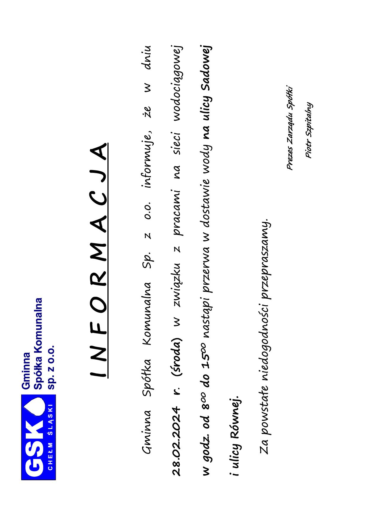 Informacja brak wody 28.02.2024