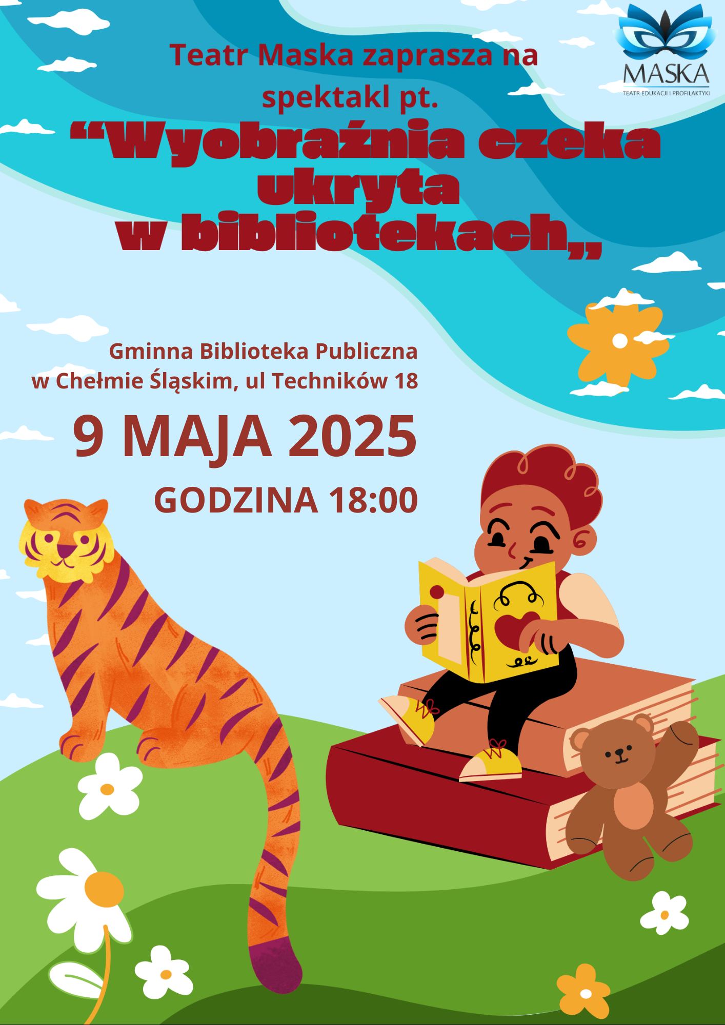 Plakat animacyjny - chłopiec czytający książkę na łące