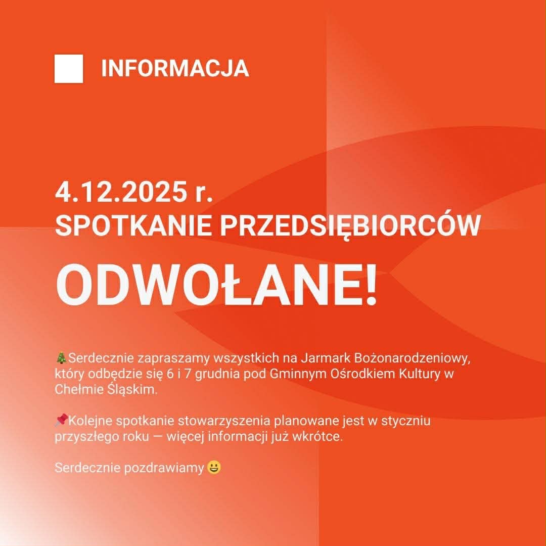 Na czerwony tle informacja o odwołaniu spotkania przedsiębiorców