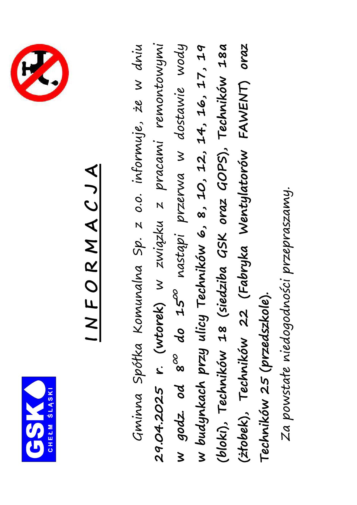 Informacja - brak wody 29.04.2025