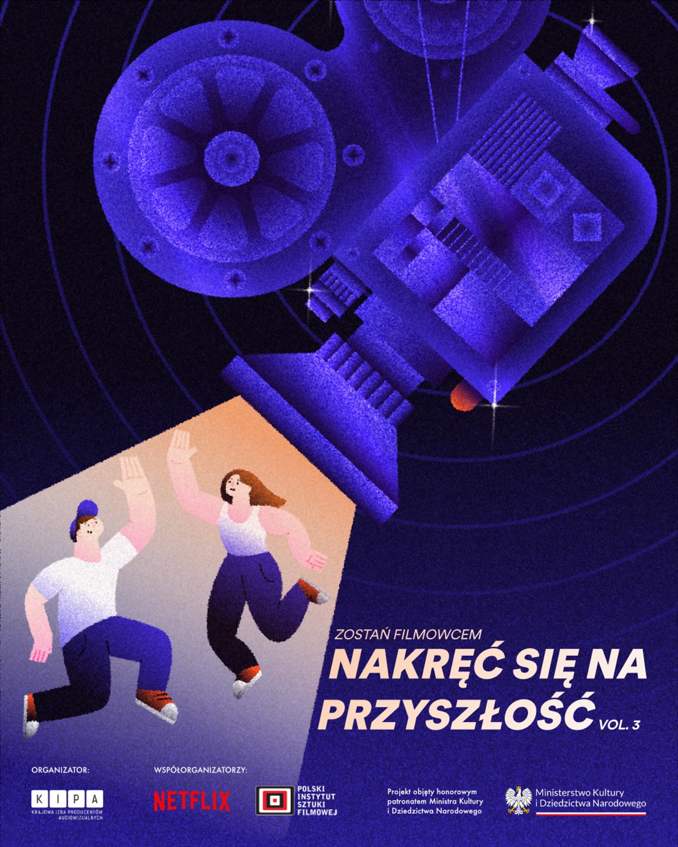 Plakat promujący wydarzenie - na zdjęciu animacyjna kamera i tańcząca para