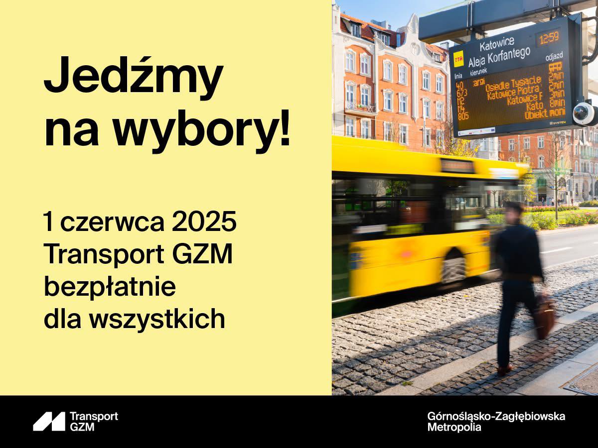 Jedziemy na wybory - plakat promujący bezpłatny transport. Na zdjęciu mężczyzna i autobus