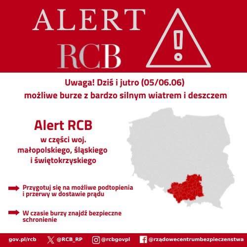 Alert RCB - informacja . Mama Polski z zaznaczonym obszarem