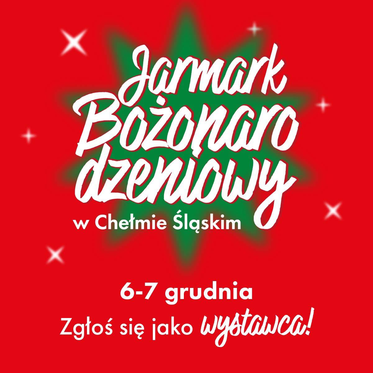 Na czerwonym tle napis Jarmark Bożonarodzeniowy - plakat promocyjny