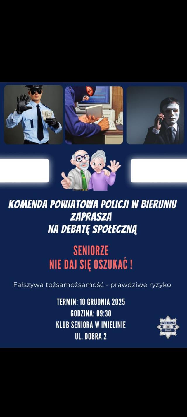 Plakat granatowy z opisem w poście. Na plakacie informacje o spotkaniu - debacie 