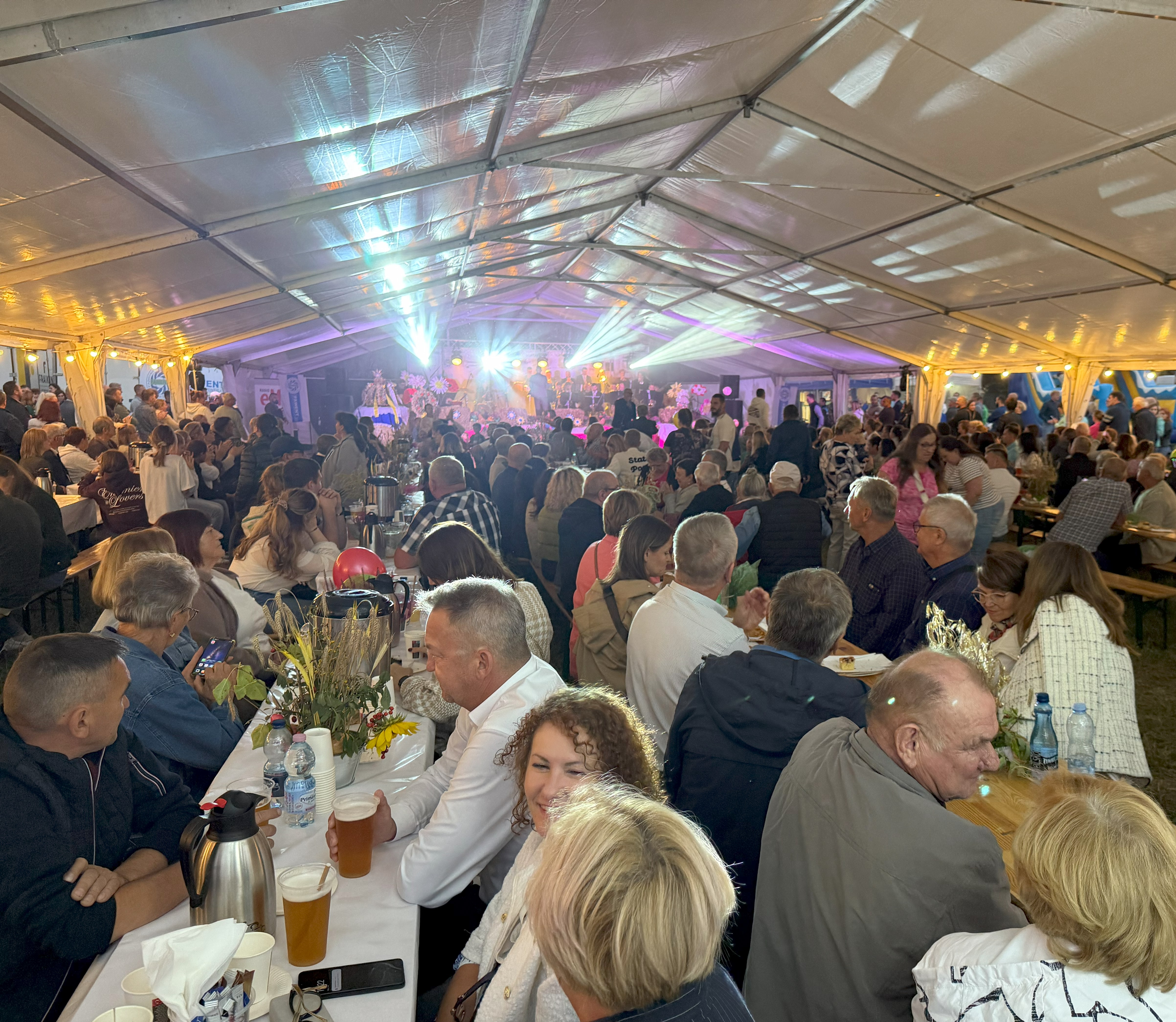 Osoby biesiadujące na imprezie pod namiotem. 