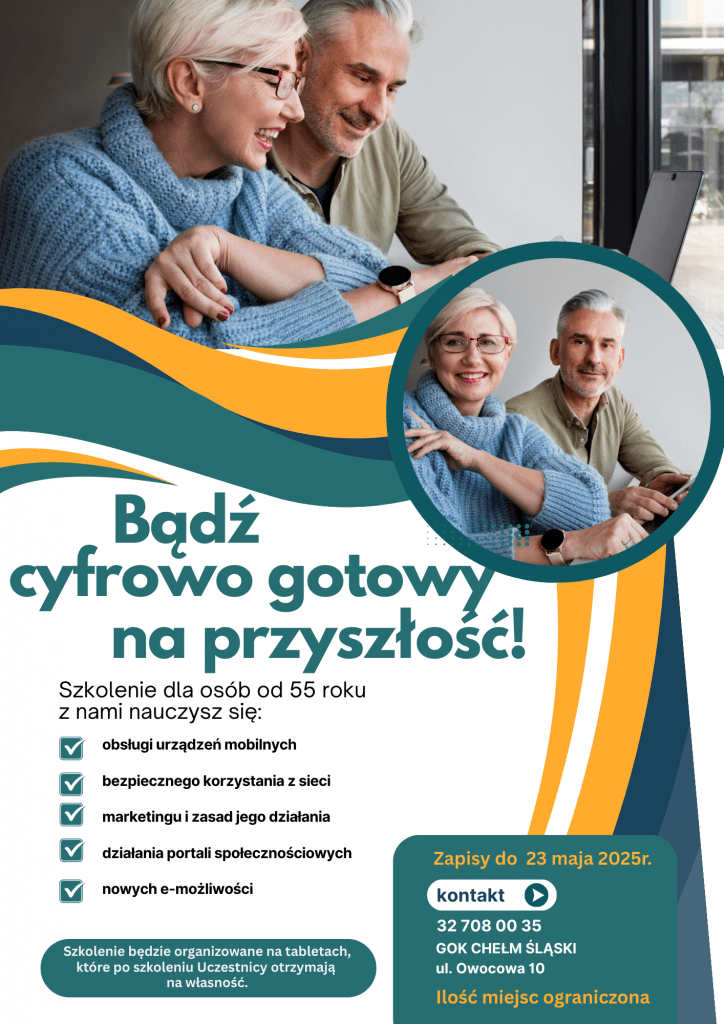 Plakat informujący o projekcie - na zdjęciu mężczyzna i kobieta 55 +