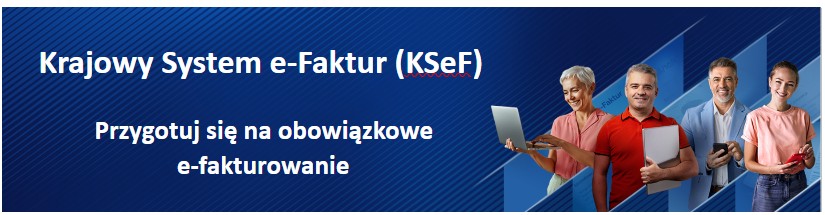 Zdjęcie KSEF - baner promocyjny. Na nim osoby promujące KSEF 
