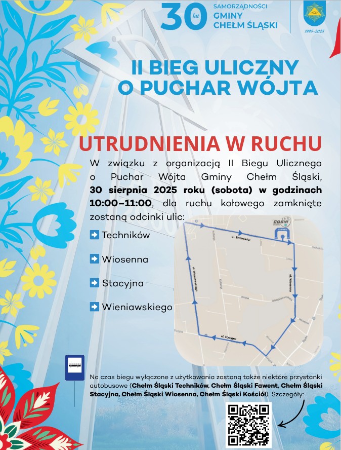 Mapa biegu z informacją o wyłączeniu przystanków autobusowych - kolorowy plakat informacyjny 