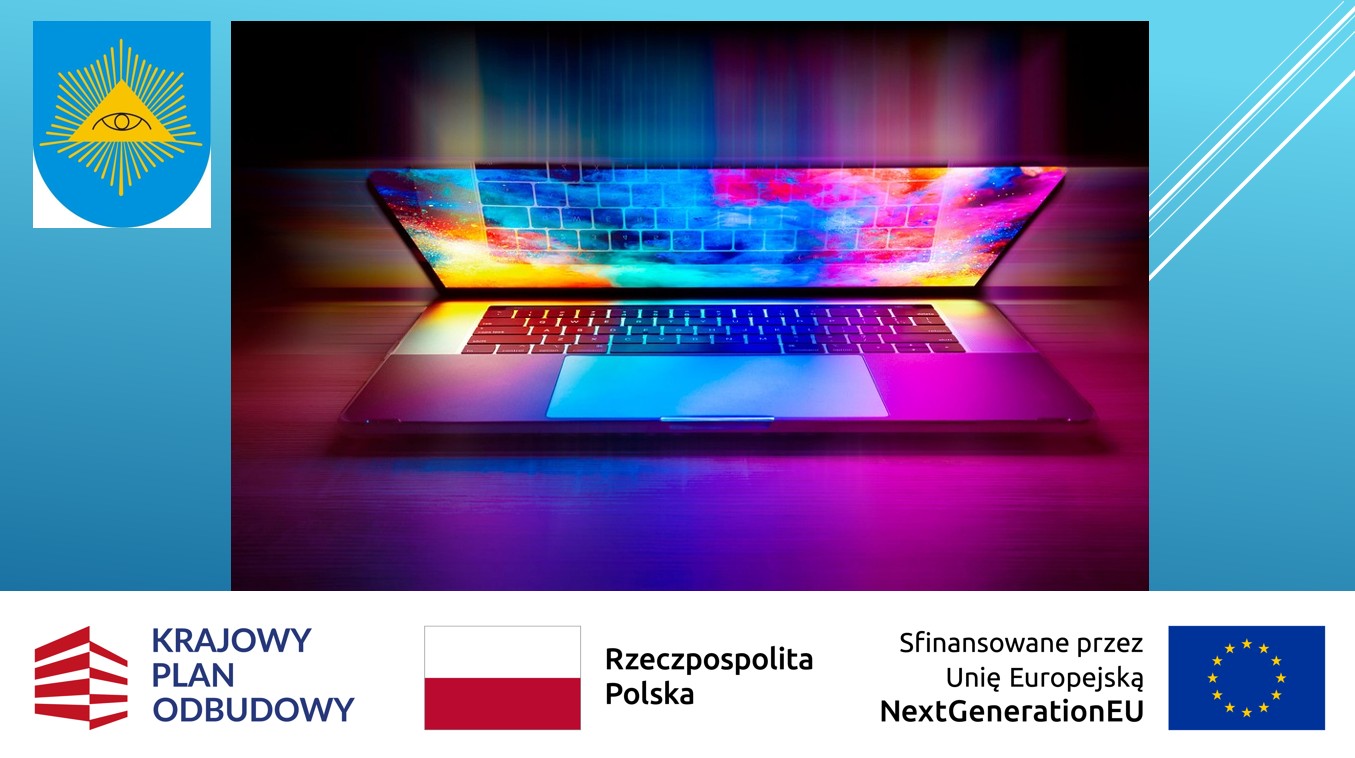 Kolorowy laptop z logotypami KPO i UE 