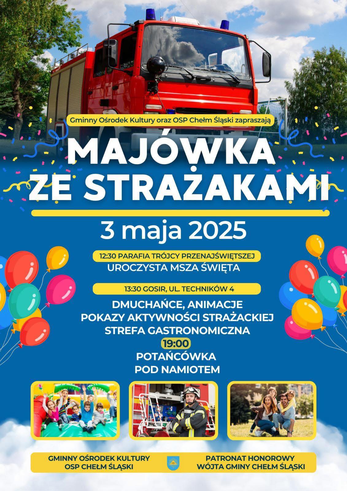 Plakat promujący wydarzenie. Na nim objaśnienia i wóż strażacki 